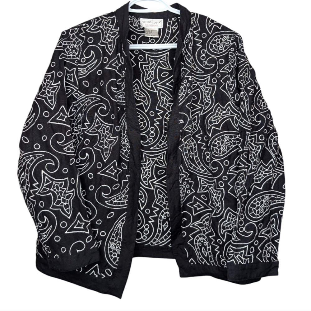 Vintage Black White Linen Blend Embroidered Open Front Cardigan Jacket Top Mediu